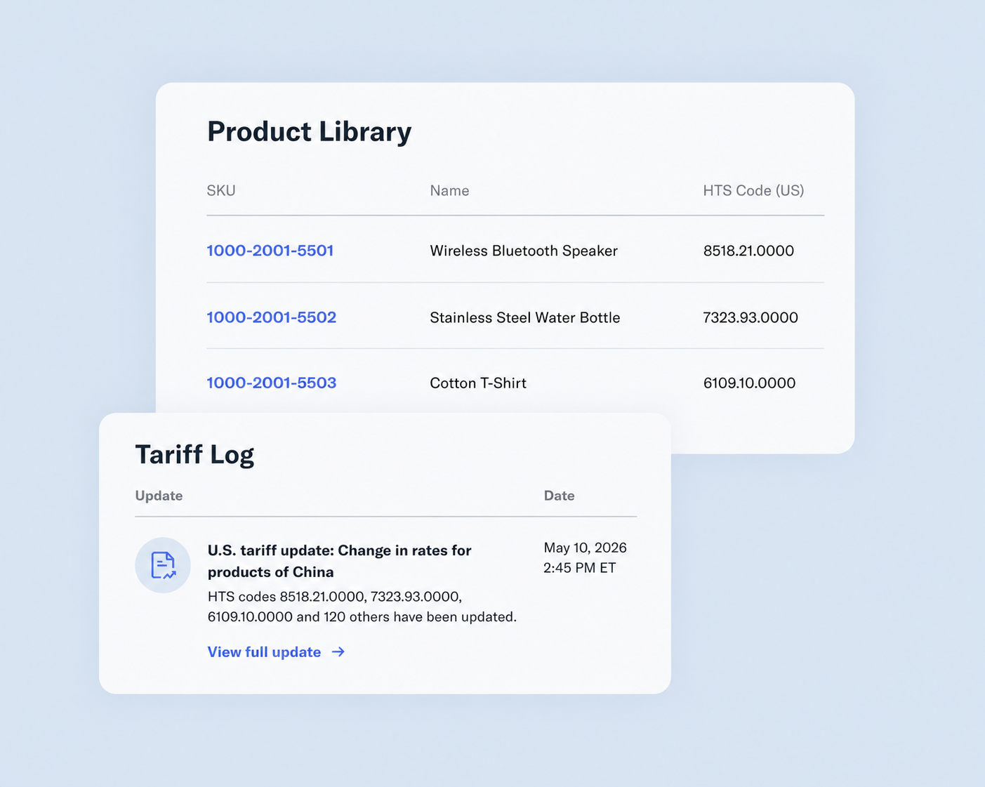 Product library with HTS codes and a tariff update log